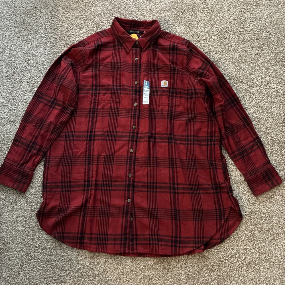 NWT Carhartt Women's 2X Red Plaid Rugged Flex Midweight Flannel Tunic Shirt